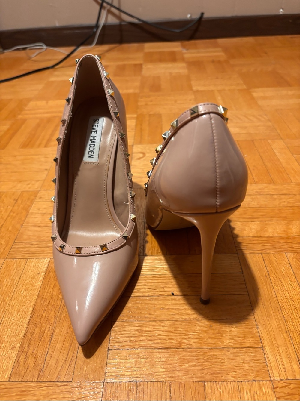 Steve Madden Nude Patent Pointed-Toe Studded Stiletto Pumps
